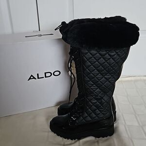 Aldo Women's Laralima Tall Quilted Lace-Up Faux Fur Trim Waterproof Boots 6 Blac